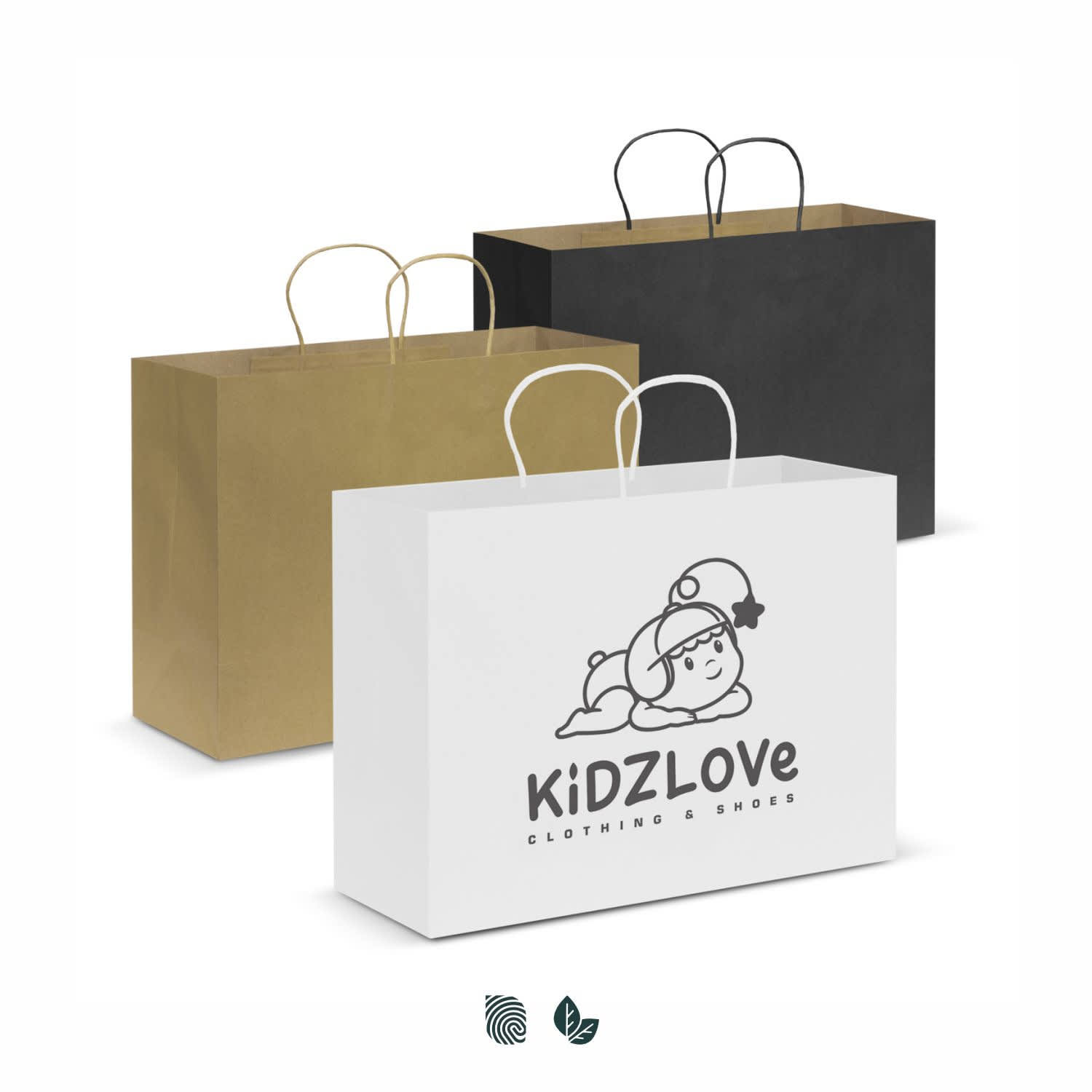 Extra large paper carry bags in brown, black, and white, featuring a logo on the white bag. Paper Carry Bag - Extra Large - Image 1