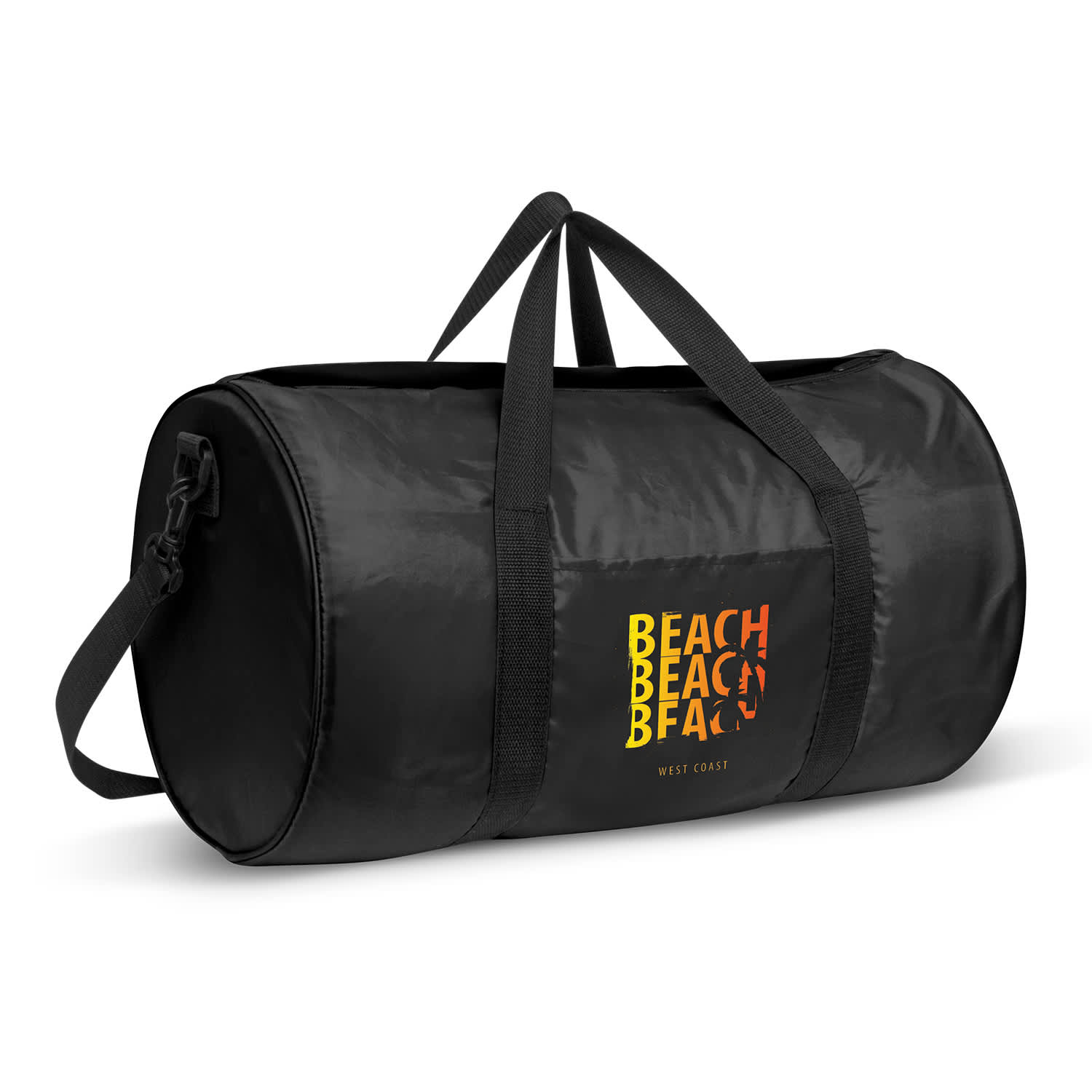 A black duffle bag with two handles, featuring a logo on the side. Designed for versatile usage. Arena Duffle Bag - Image 1