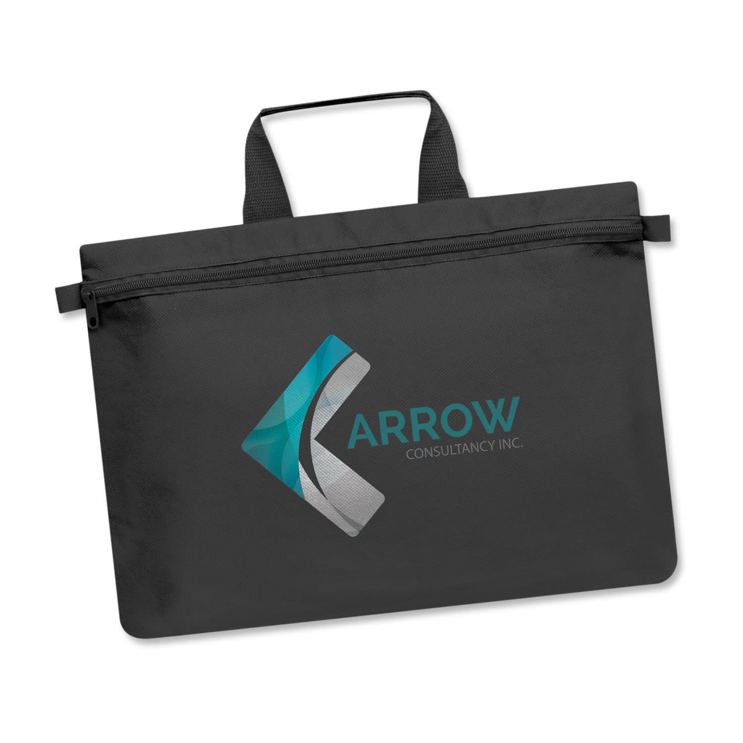 A black satchel featuring a zippered closure and handles, prominently displaying the logo of "Arrow Consultancy Inc." Expo Satchel - Image 1