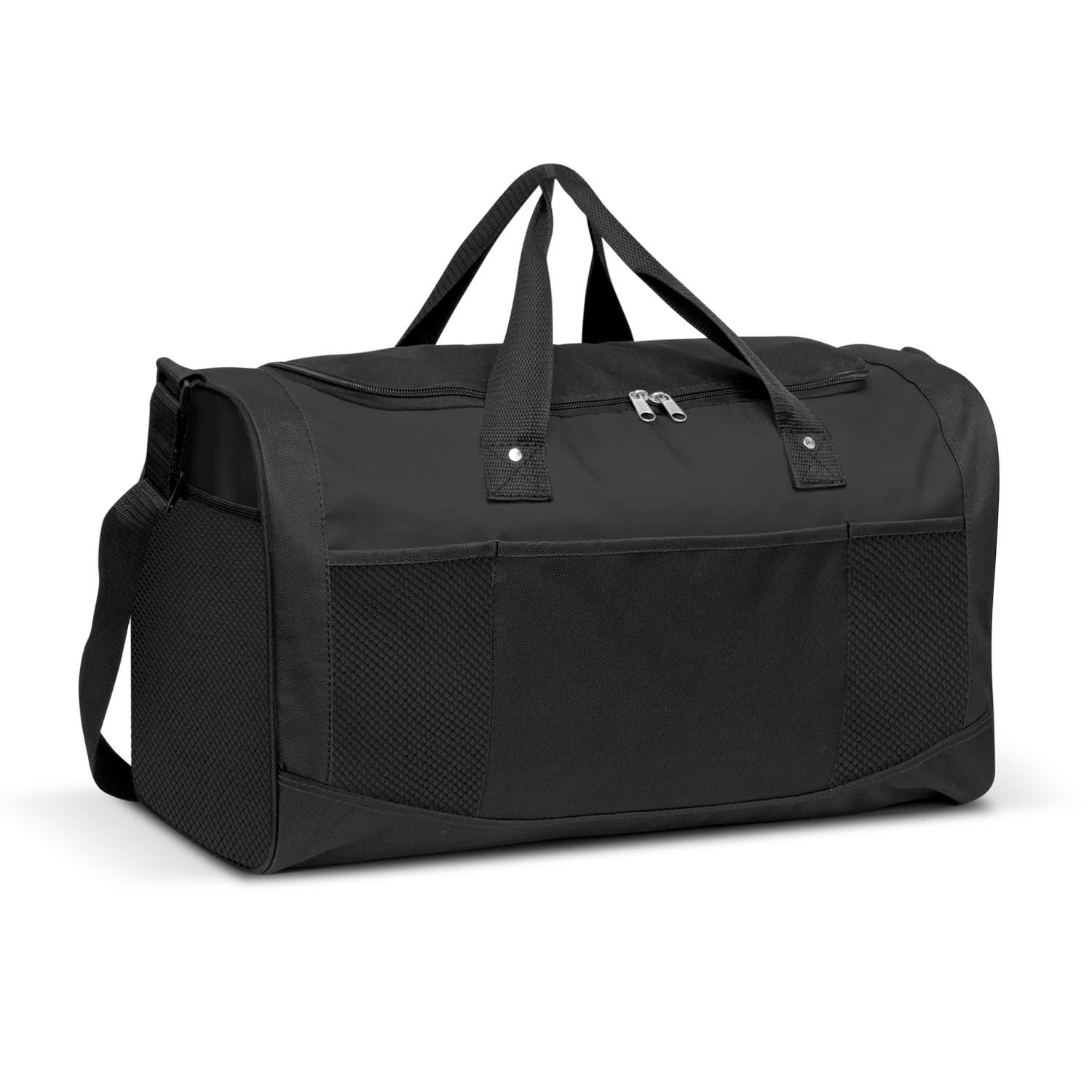 A black duffle bag with a zip closure, featuring two handles, an adjustable strap, and mesh side pockets. Quest Duffle Bag - Image 1