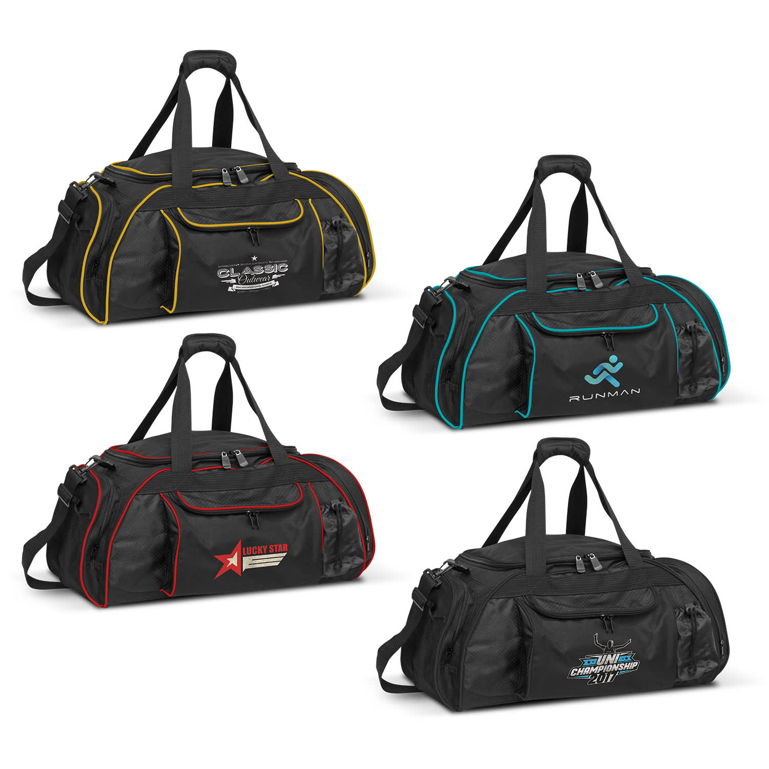 Four Horizon Duffle Bags in black with colourful accents - yellow, teal, red, and blue - featuring various logos. Horizon Duffle Bag - Image 1