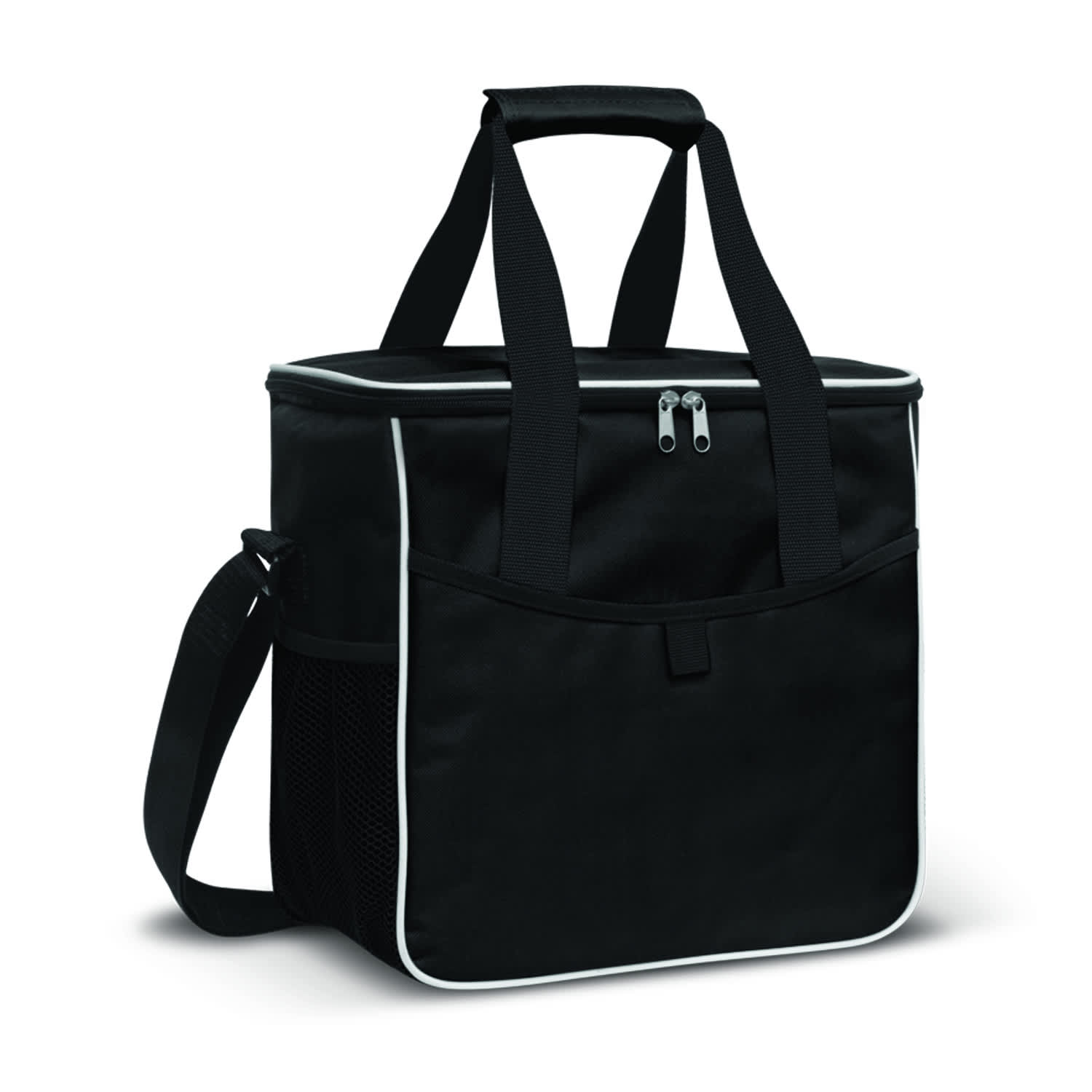 A black cooler bag with white accents, featuring dual handles and a detachable shoulder strap. Nordic Cooler Bag - Image 1