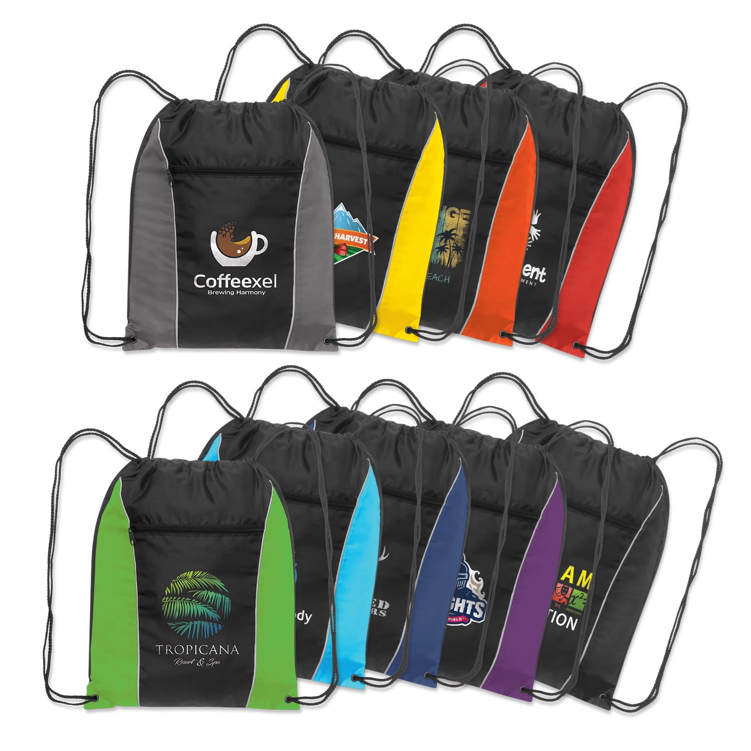 A collection of Ranger Drawstring Backpacks in various colours, each featuring a logo. Ranger Drawstring Backpack - Image 1
