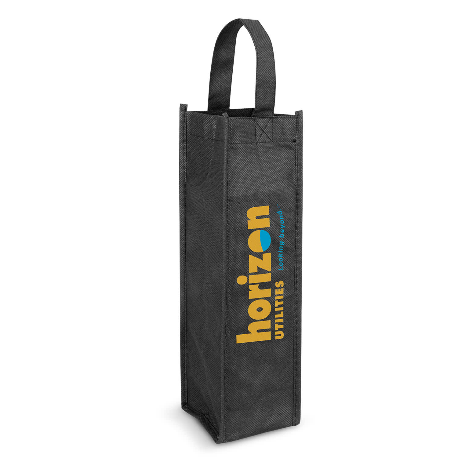 A single wine tote bag in black featuring a logo, designed for carrying one drink bottle. Wine Tote Bag - Single - Image 1