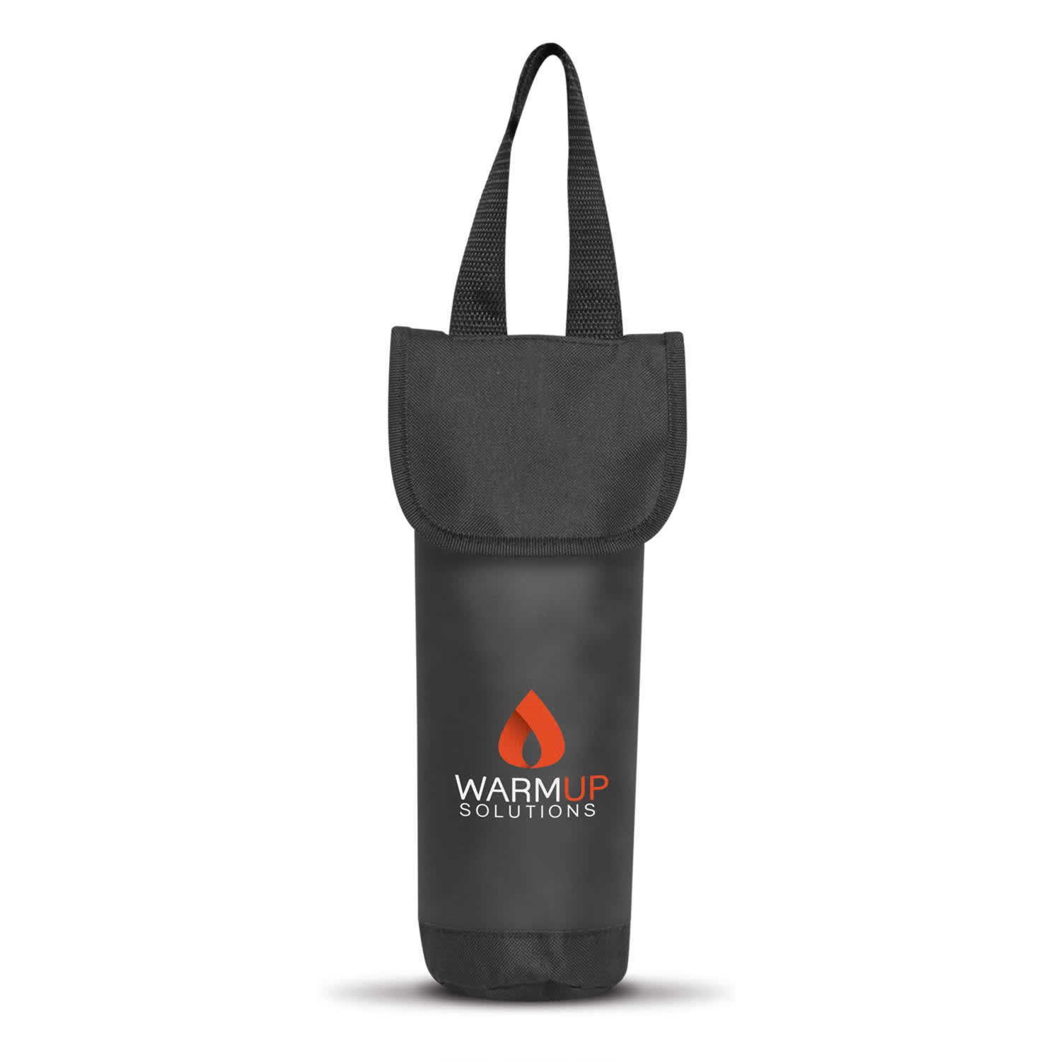 A drink bottle cooler bag in black with an adjustable strap and a fold-over top, featuring the logo "WARMUP SOLUTIONS." Dunstan Wine Cooler Bag - Image 1