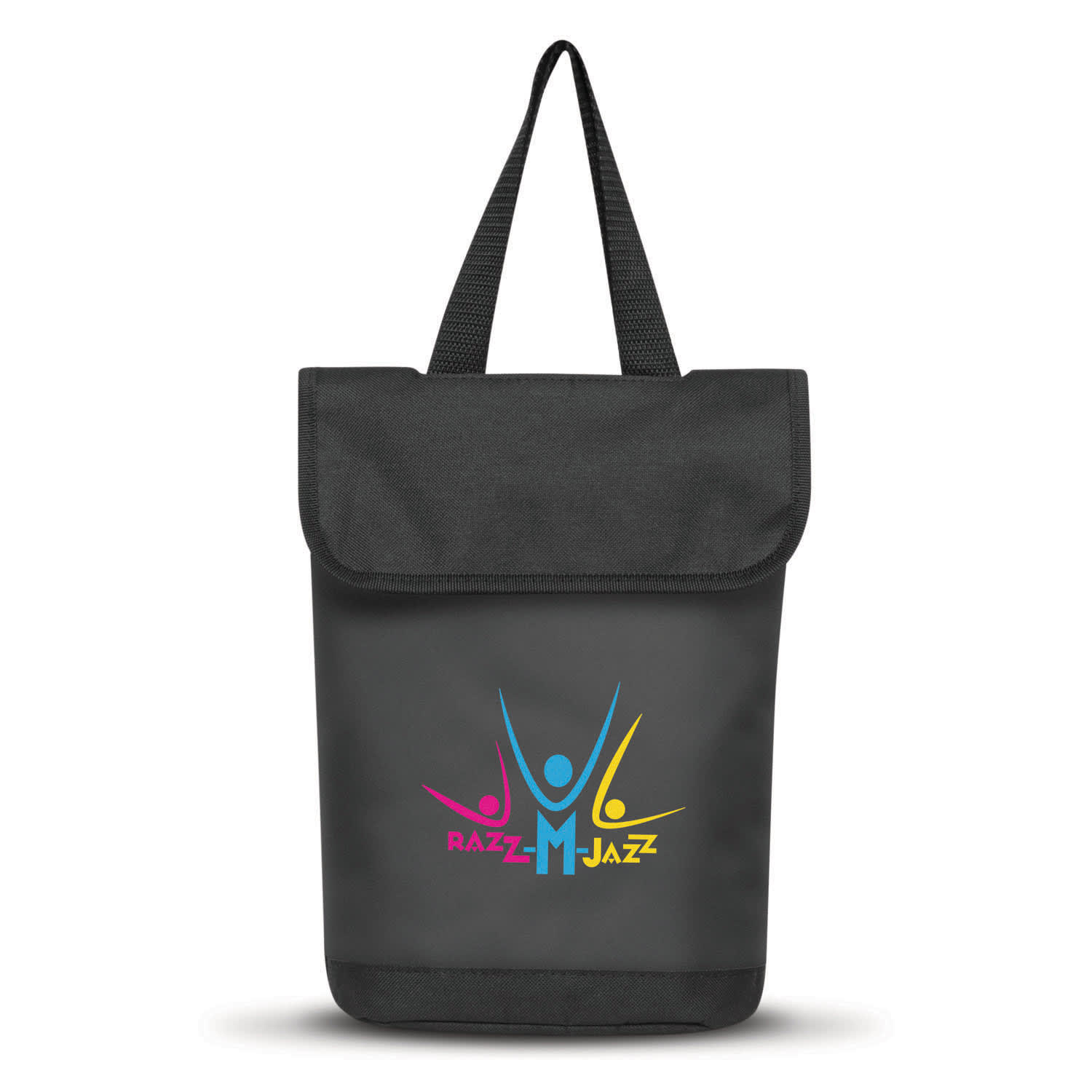 A black cooler bag with a fold-over top, featuring a logo with colourful human figures. Dunstan Double Wine Cooler Bag - Image 1