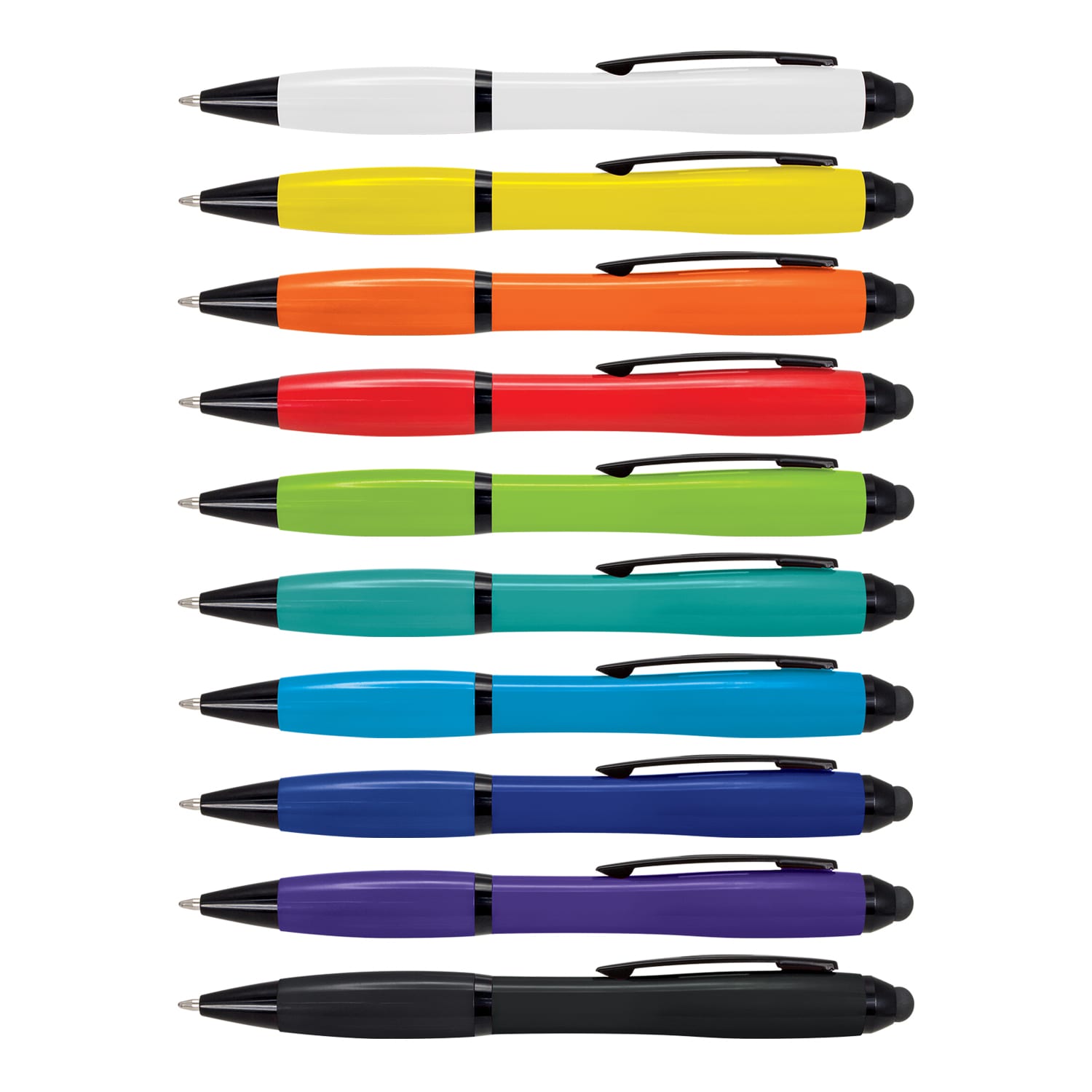 A collection of stylus pens in white, yellow, orange, red, green, blue, teal, purple, and black, featuring clips and a logo. Vistro Stylus Pen - Image 1