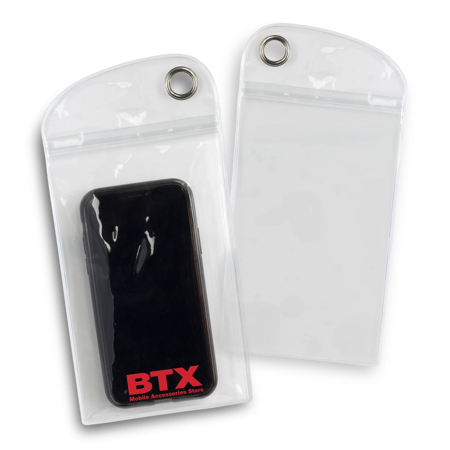 A clear waterproof pouch designed to hold a smartphone, featuring a top zip closure and a branding logo. Smart Phone Pouch - Image 1
