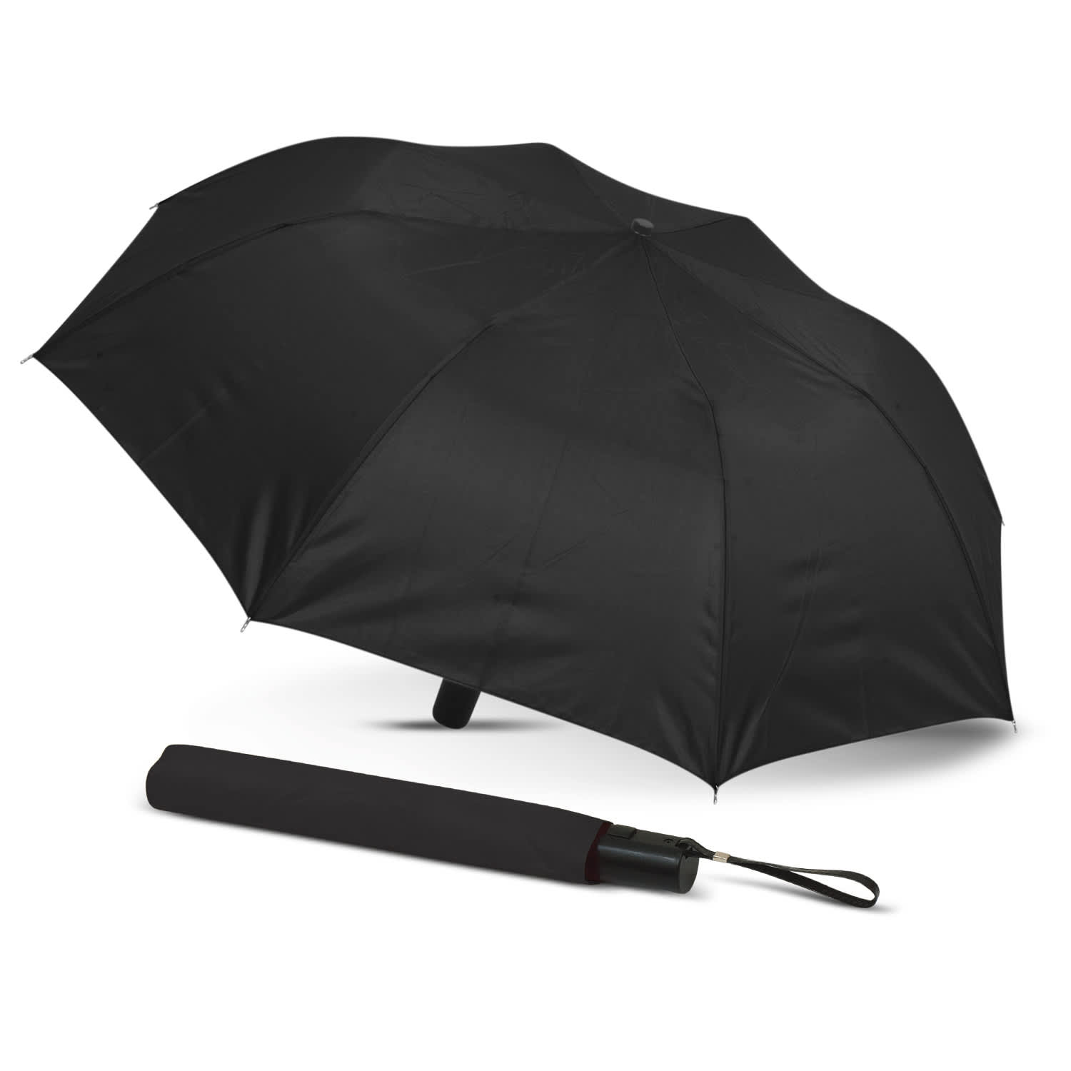 A black compact umbrella displayed open and closed, featuring a handle with a wrist strap and a logo. Avon Compact Umbrella - Image 1