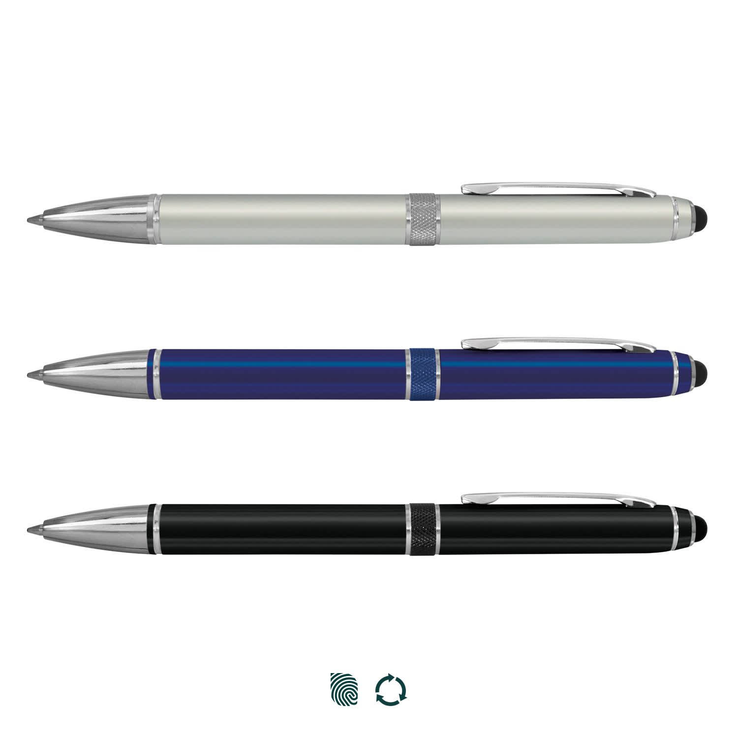 Three stylus pens in various colours: silver, blue, and black, all featuring a metallic finish and a logo. Antares Stylus Pen - Image 1