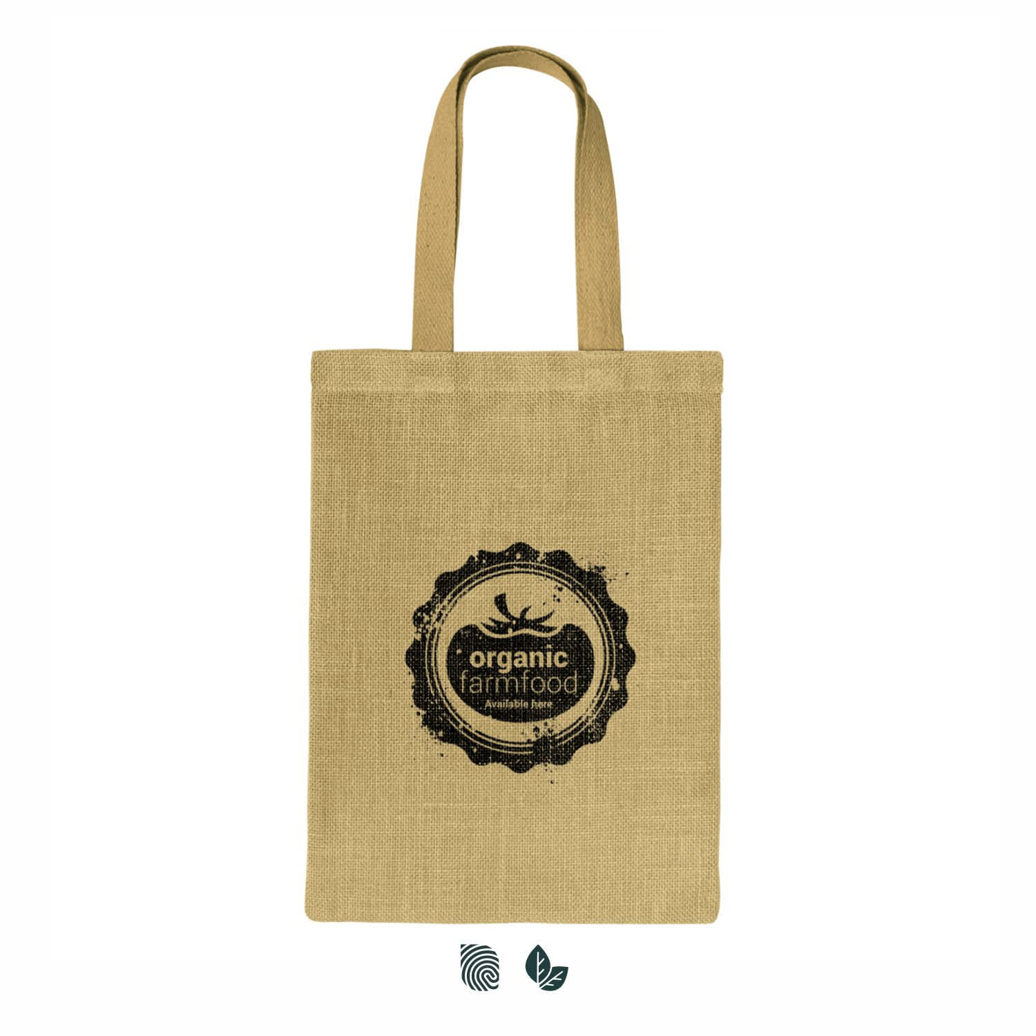 A jute tote bag in a natural beige colour with a logo printed on the front. It features two sturdy handles. Zeta Jute Tote Bag - Image 1