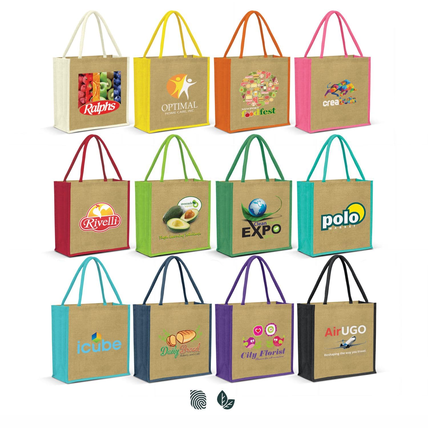 A collection of jute tote bags in various colours with different logos and designs displayed in a grid layout. Monza Jute Tote Bag - Image 1