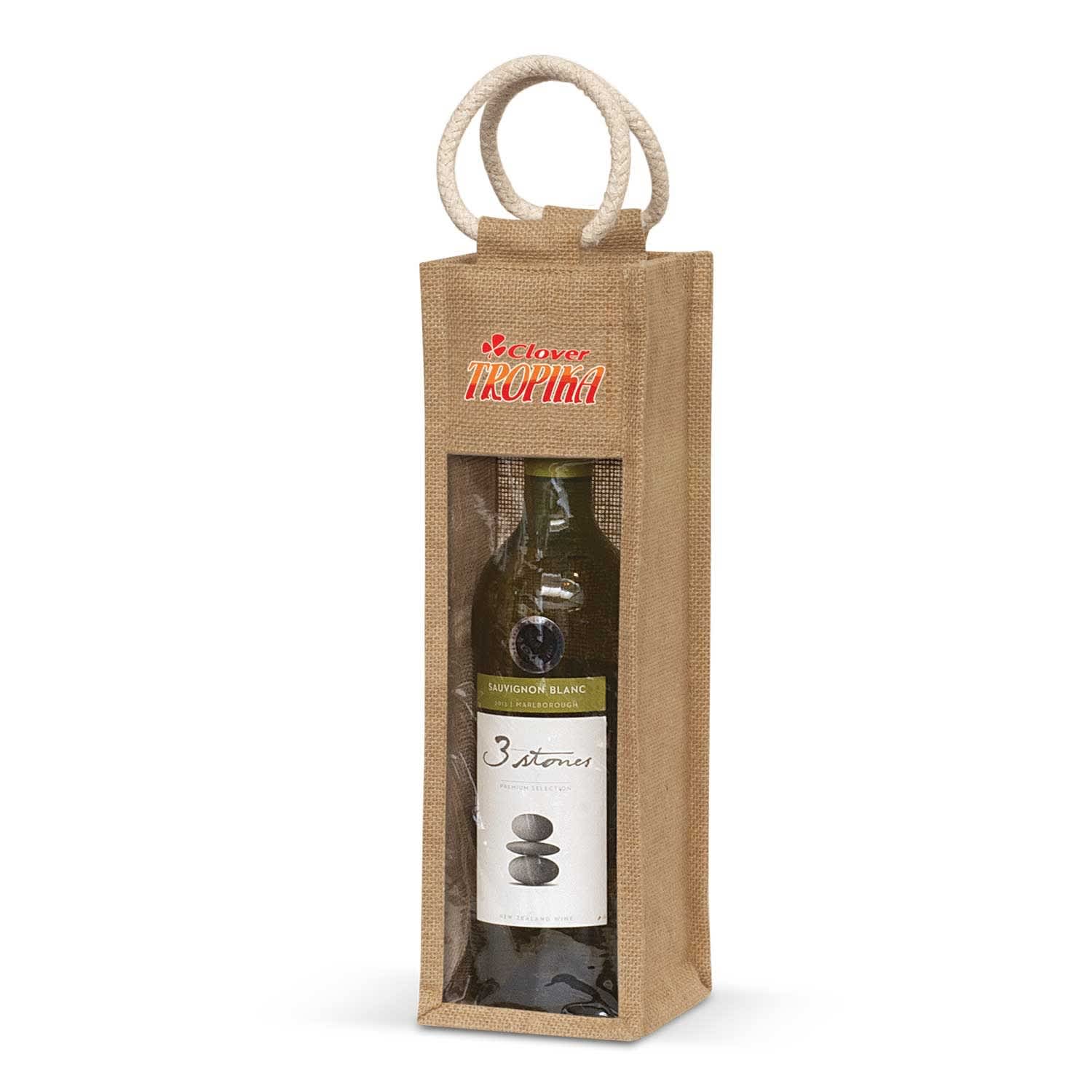 A drink bottle is displayed in a jute wine carrier with a clear window and rope handles. The carrier features branding. Serena Jute Wine Carrier - Image 1