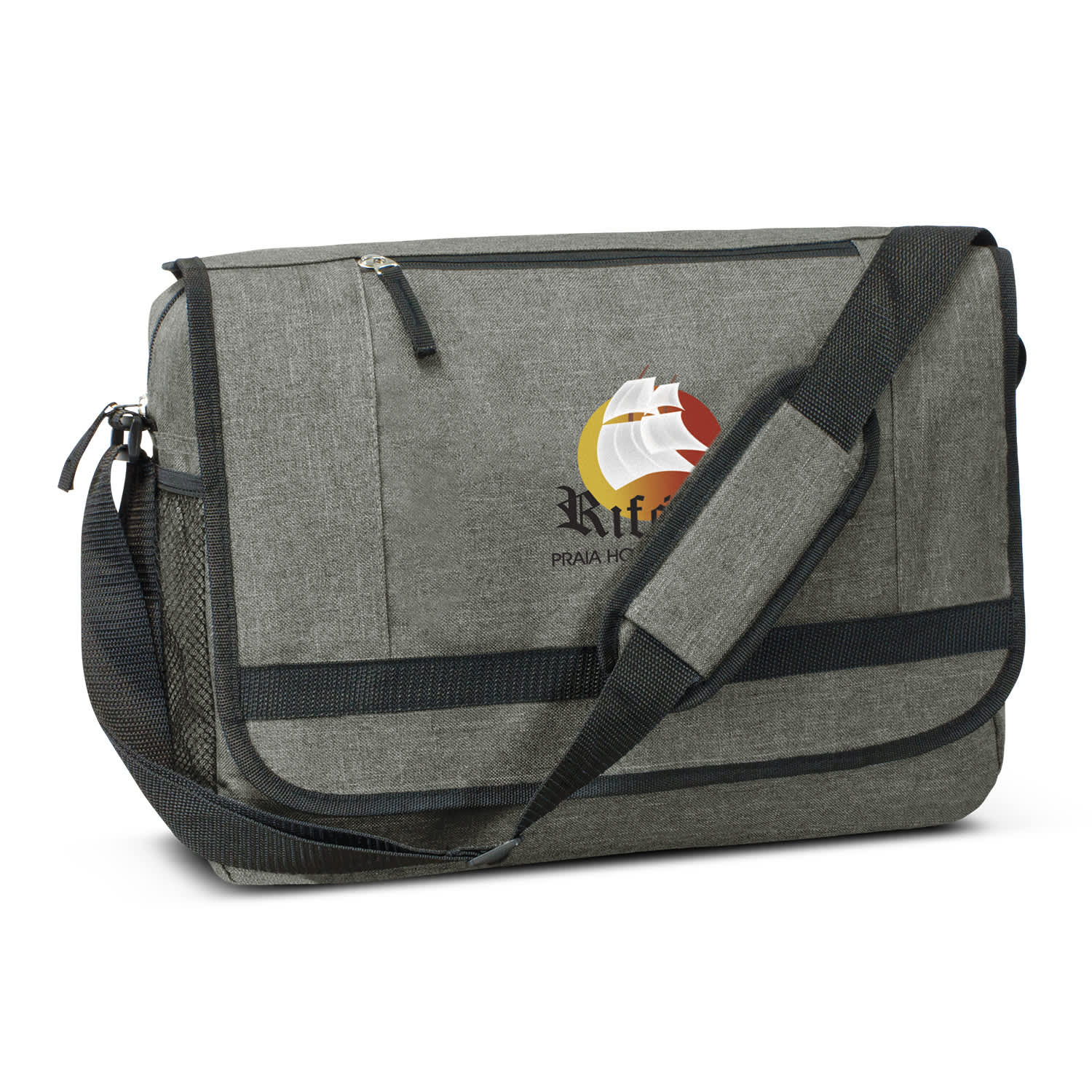 A grey satchel bag with a shoulder strap, featuring a logo on the front. Academy Messenger Bag - Image 1
