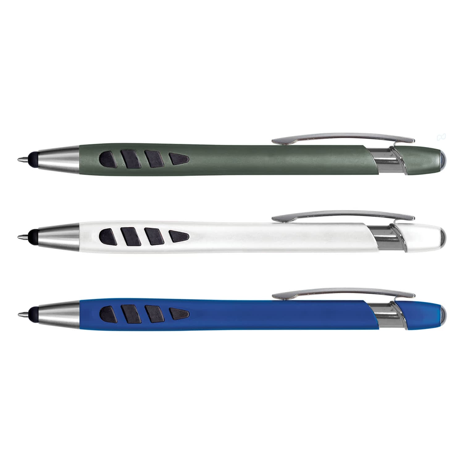 Three stylus pens in green, white, and blue, featuring sleek designs and grips. Each pen has a branding logo. Havana Stylus Pen - Image 1