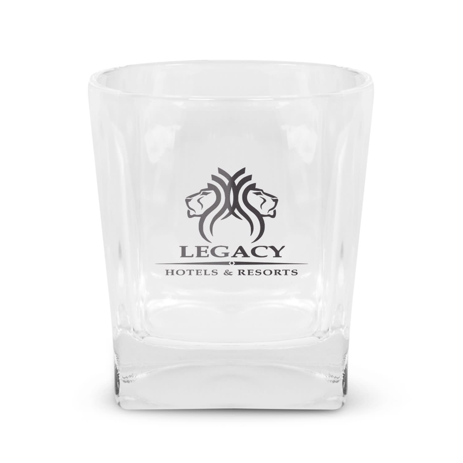 A glass tumbler in clear glass featuring a logo, designed for beverages. Rock Tumbler - Image 1