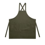 A solid olive green apron with cross-back straps and a front pocket. Features eyelets and ties for secure fastening.
