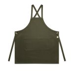 A dark green apron featuring cross-back straps and a front pocket, with a logo on the side.