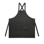 A black apron with a cross-back design and a front pocket, featuring adjustable ties on the sides.