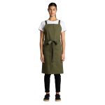An olive green apron with a waist tie and pockets, worn over a white t-shirt and black pants.