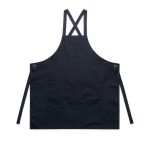 A navy blue apron with a pocket, featuring adjustable straps and a branding logo.