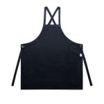 A black apron featuring crossed straps and a large front pocket, with eyelets and ties for fastening.