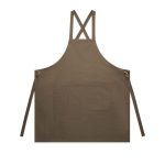 A brown apron featuring cross-back straps and a front pocket, equipped with tie straps.
