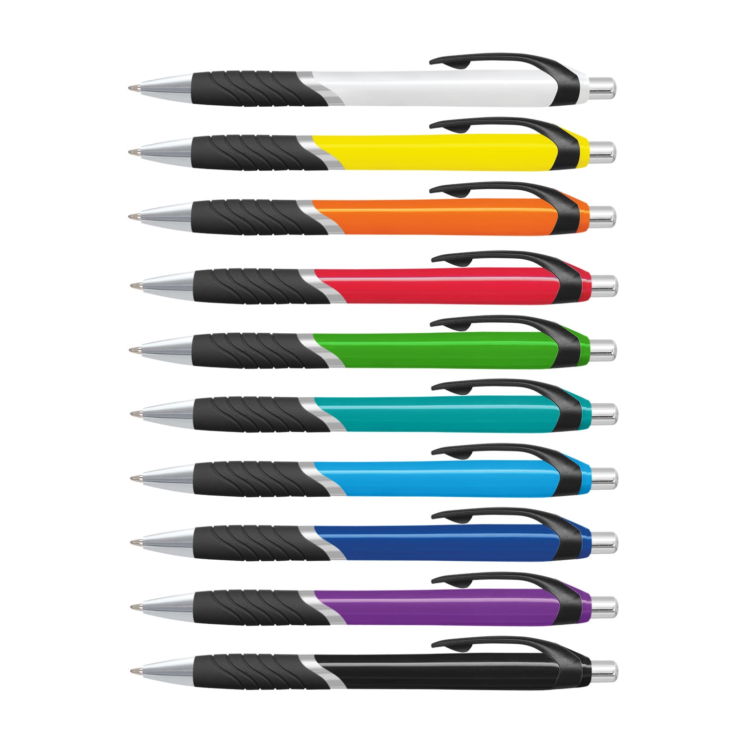 A collection of plastic pens with coloured barrels in yellow, orange, red, green, blue, and purple, featuring black grips and chrome accents. Jet Pen - Coloured Barrel - Image 1