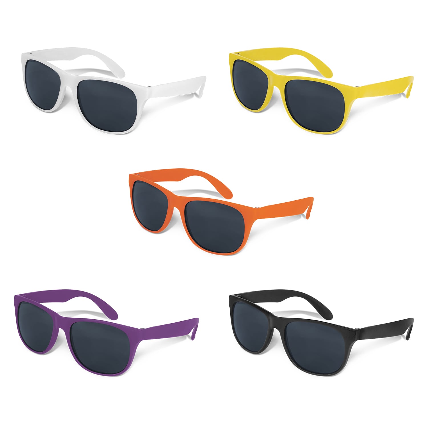 Five pairs of sunglasses in white, yellow, orange, purple, and black, each with dark lenses, displayed together. Malibu Basic Sunglasses - Image 1