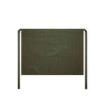 A green half apron with a large back pocket and long ties. The apron features a simple, solid design.