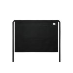 A black half apron featuring a front pocket and ties, with a logo. Suitable for workwear and culinary tasks.