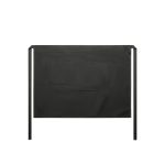 A black half apron featuring a large pocket and fabric ties at the waist. It has a minimalist design with no additional markings.