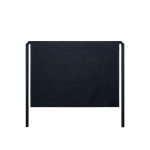 A dark navy half apron featuring a front pocket and ties. It has a simple design with a logo.