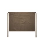 A brown half apron featuring a large pocket and ties on either side. It has a simple design and includes branding.