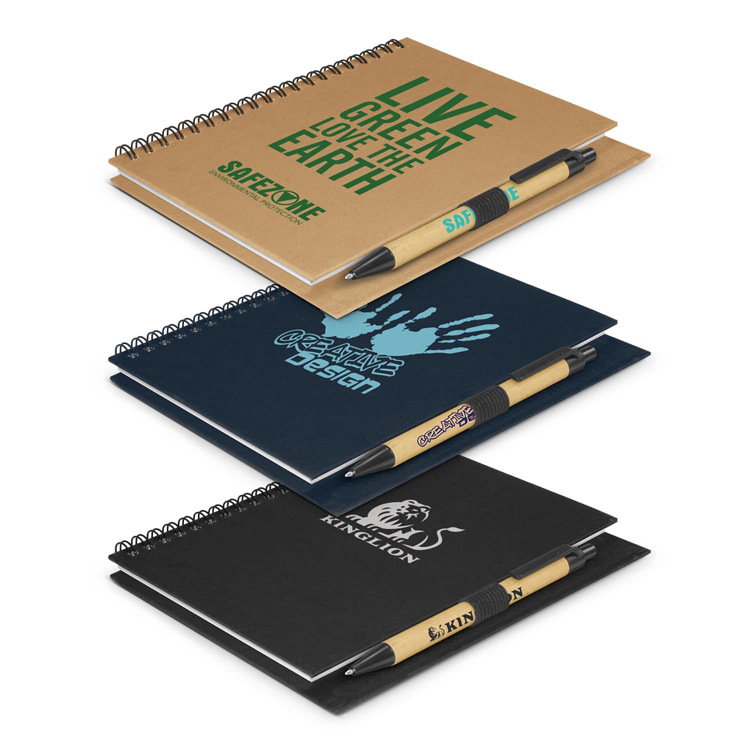 Three notebooks in various colours. The top notebook is brown, the middle is blue, and the bottom is black. Each includes a pen. Allegro Notebook - Image 1