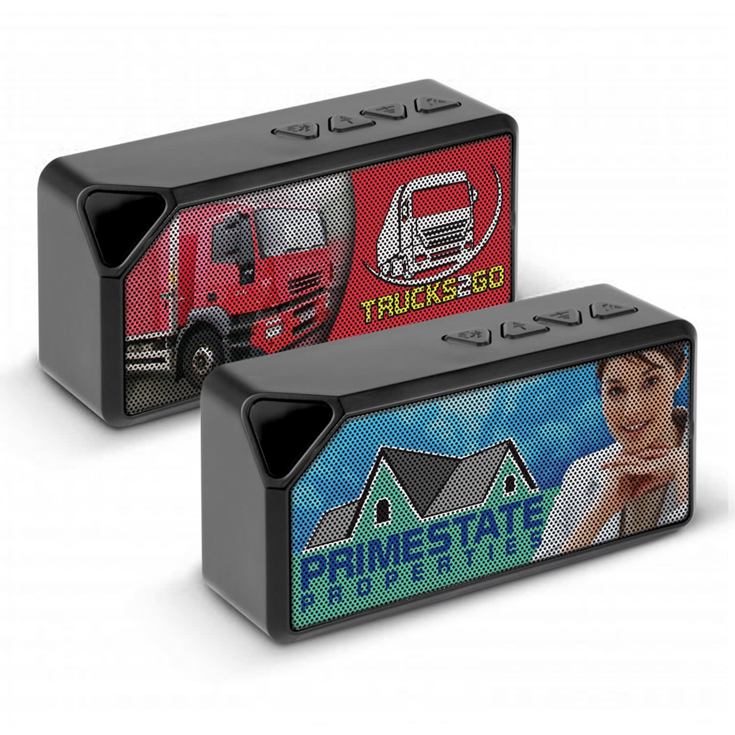 Two Bluetooth speakers in black featuring different graphics on their front panels, showcasing logos and images. Genisys Bluetooth Speaker - Image 1