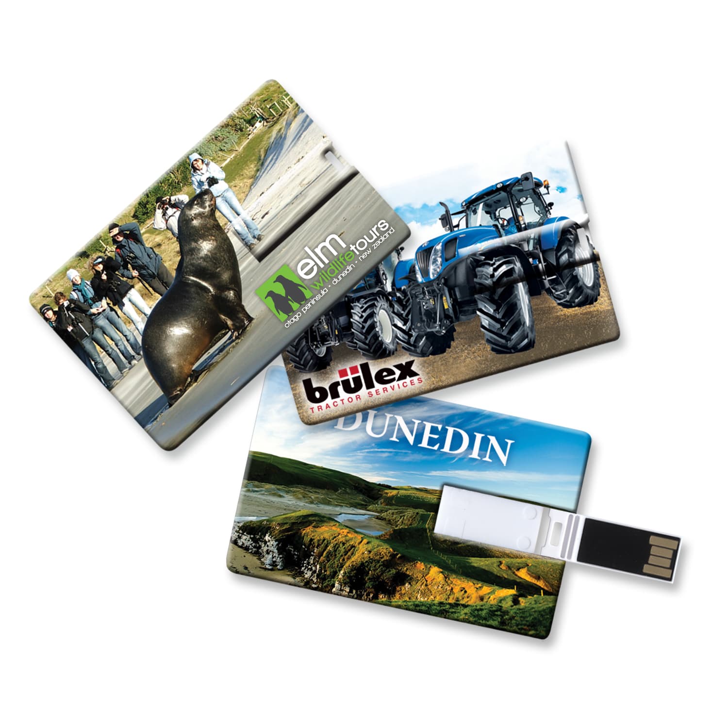 A set of three credit card-sized flash drives featuring various images and a logo, with vibrant colours and designs. Credit Card Flash Drive 4GB - Image 1