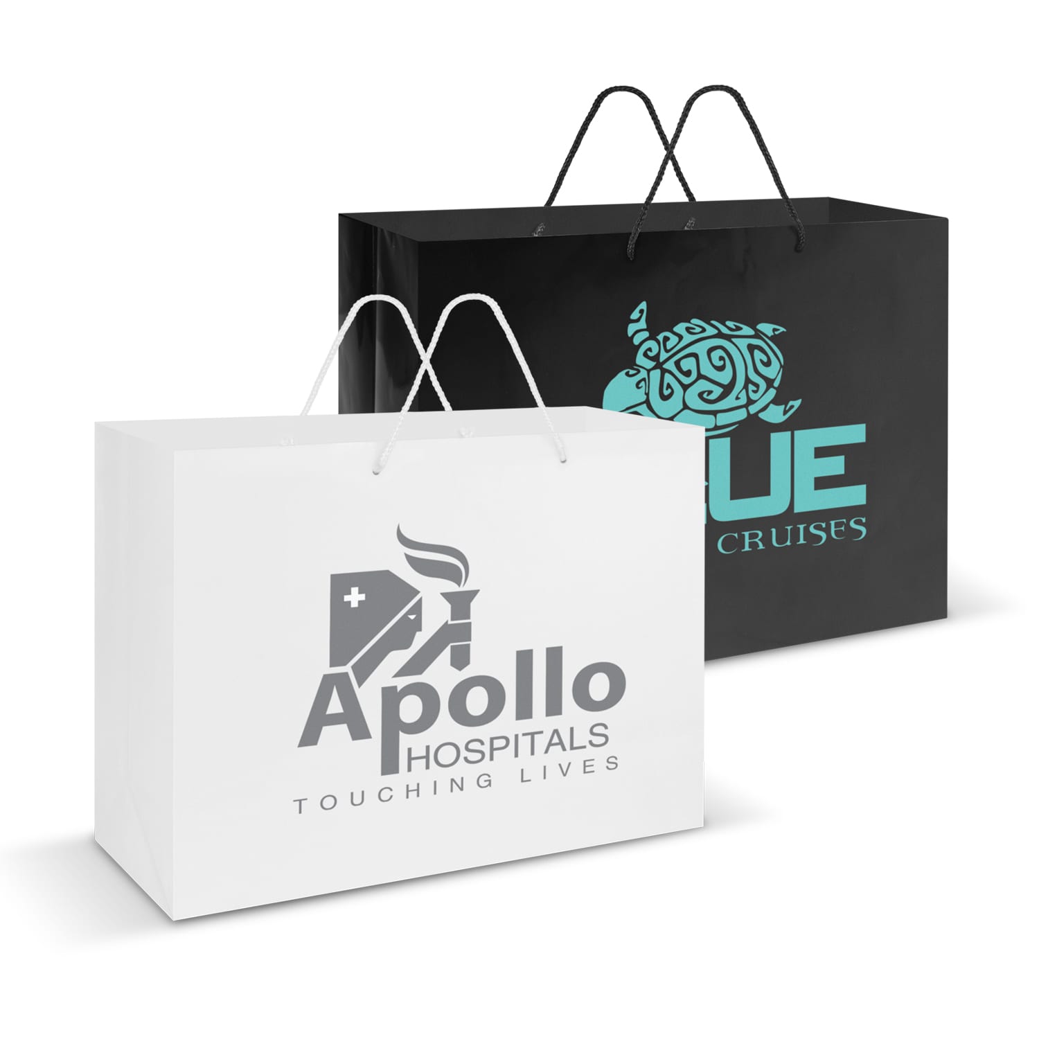 Two large laminated carry bags, one white with a grey logo and one black with a turquoise logo, featuring handles. Laminated Carry Bag - Extra Large - Image 1