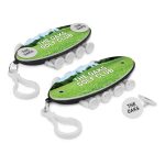 A golf accessory kit featuring a black and white design with multiple tees, a ball marker, and a keyring attachment.