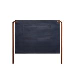 Denim half apron in dark blue with a large pocket and brown ties, featuring a logo.
