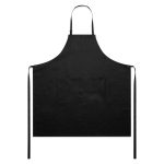 A black linen apron with adjustable neck straps and long ties. It features a logo on the front.