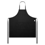 A black linen apron with ties and a small logo on one side. It features a simple, classic design.