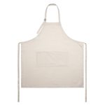 A linen apron in a light beige colour featuring a front pocket and adjustable neck strap. It has a logo on it.