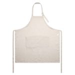 A beige linen apron featuring a front pocket and ties for securing. Includes a logo on the side.
