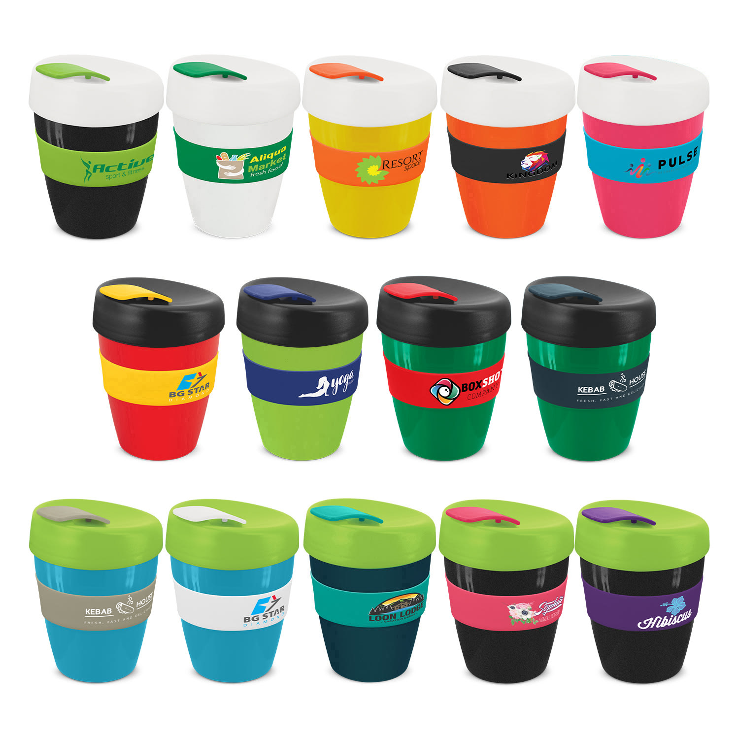 A collection of reusable coffee cups in various colours, featuring different designs and a lid with a logo. Express Cup Deluxe - 350ml - Image 1