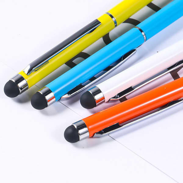 A collection of four stylus ballpoint pens in yellow, blue, white, and orange, with a logo on one pen. A collection of four stylus ballpoint pens in yellow, blue, white, and orange, with a logo on one pen.