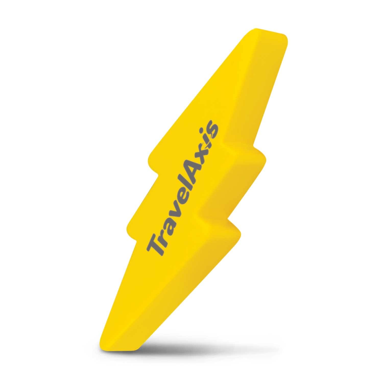 A yellow stress shape in the form of a lightning bolt, featuring the text "TravelAxis" printed on it. Stress Lightning Bolt - Image 1