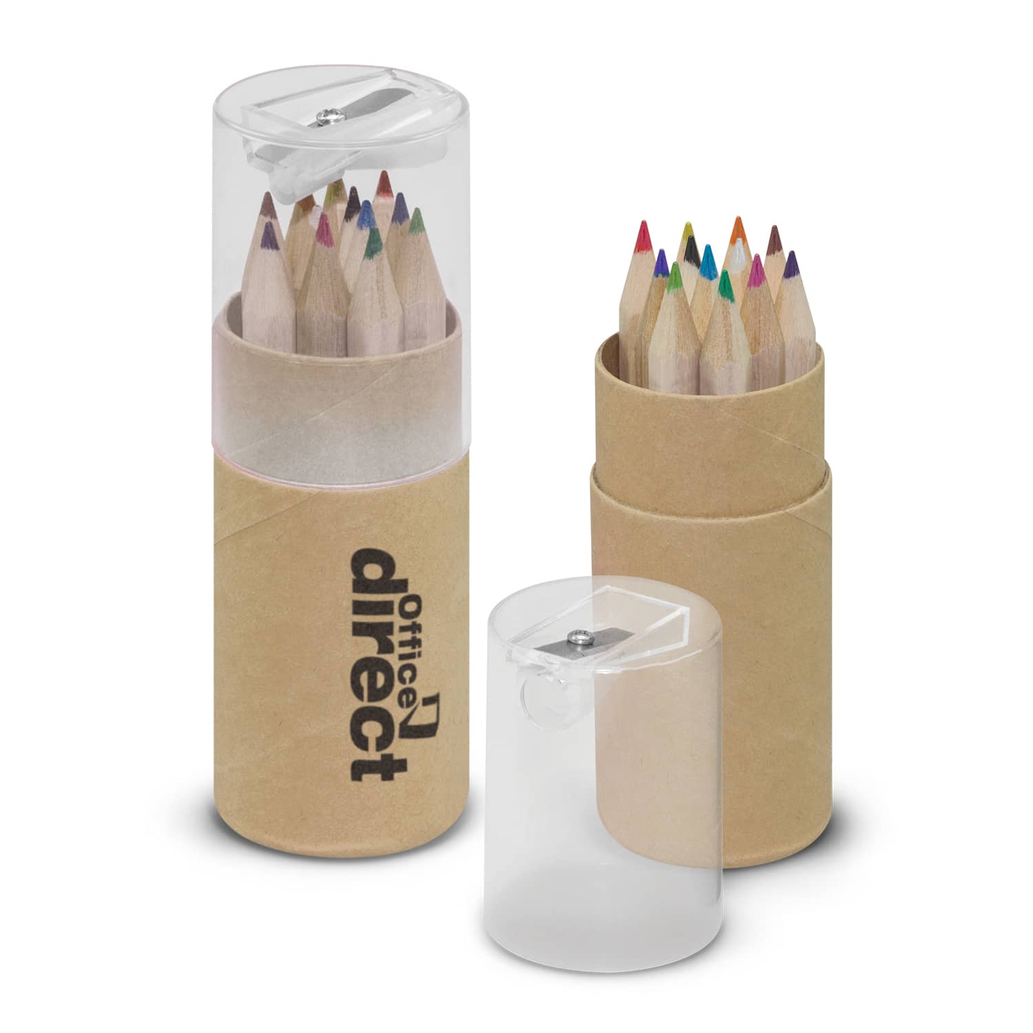 A tube containing coloured pencils in various hues, with a clear lid and a cardboard base, featuring a logo. Coloured Pencil Tube - Image 1
