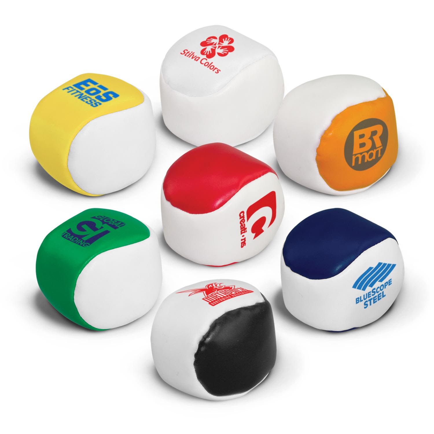 A collection of eight hacky sacks in various colours including red, green, blue, and black, featuring different logos. Hacky Sacks - Image 1