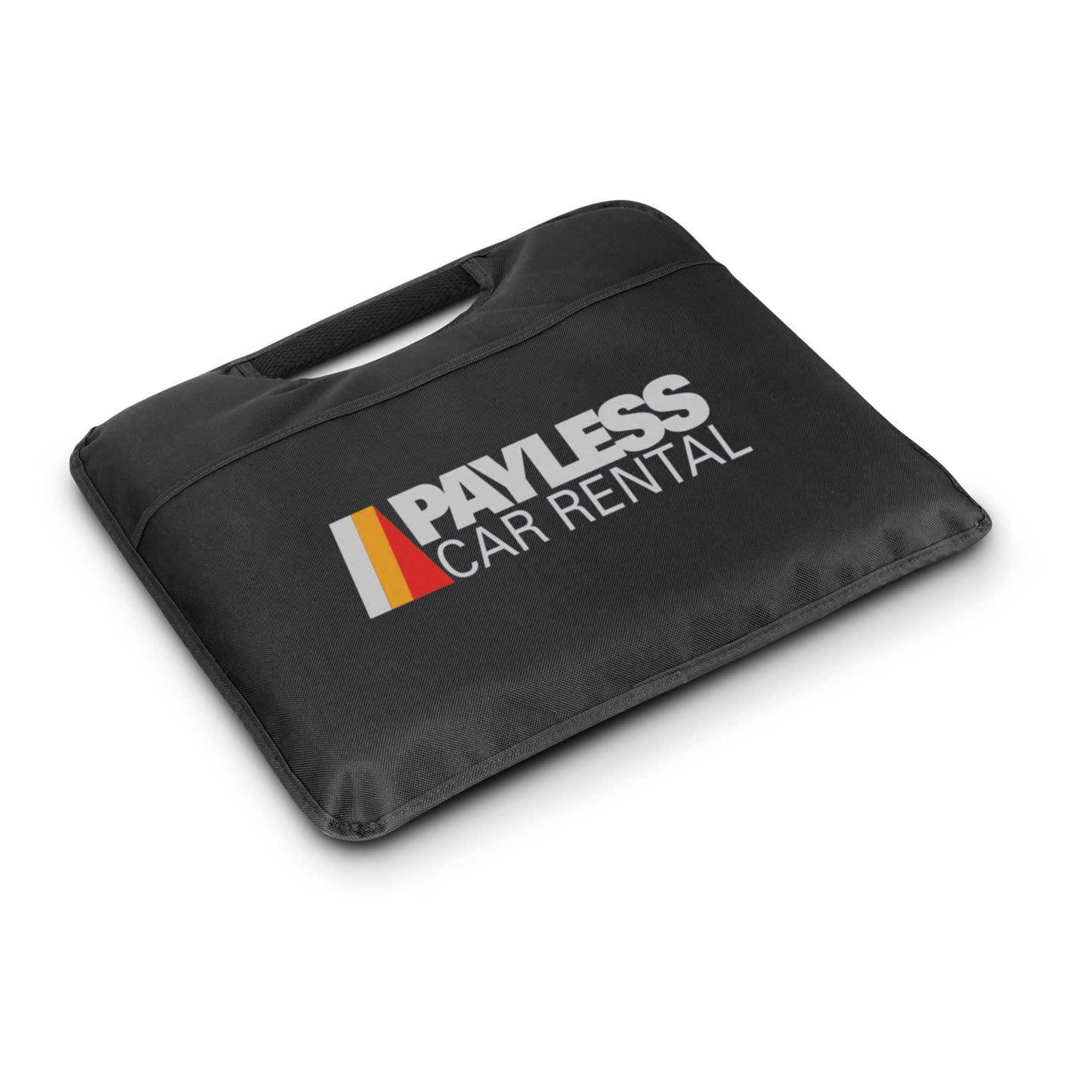 A black stadium cushion featuring a handle and a logo on the front. Suitable for outdoor events and leisure use. Stadium Cushion - Image 1